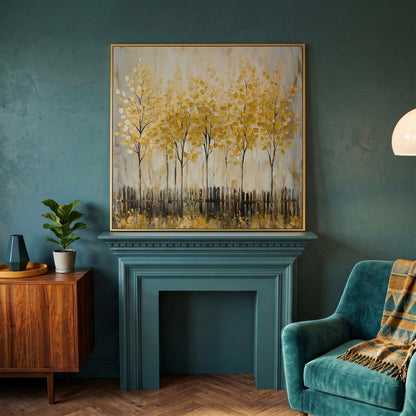 Golden Fall Trees with Stylized Fence, Square Canvas Art in yellow gold floating frame