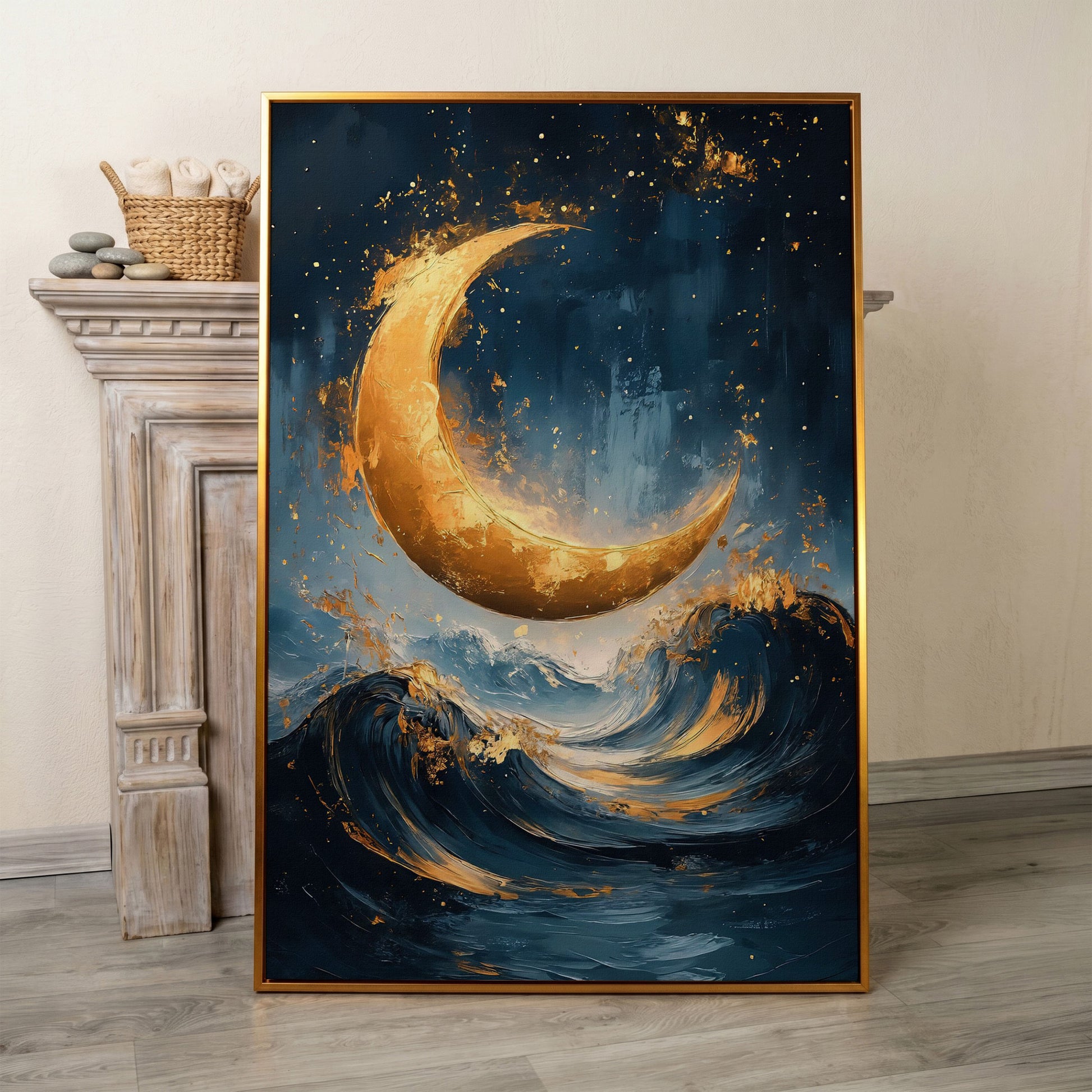 Golden Crescent Moon Over Ocean Waves Canvas in antique gold floating frame