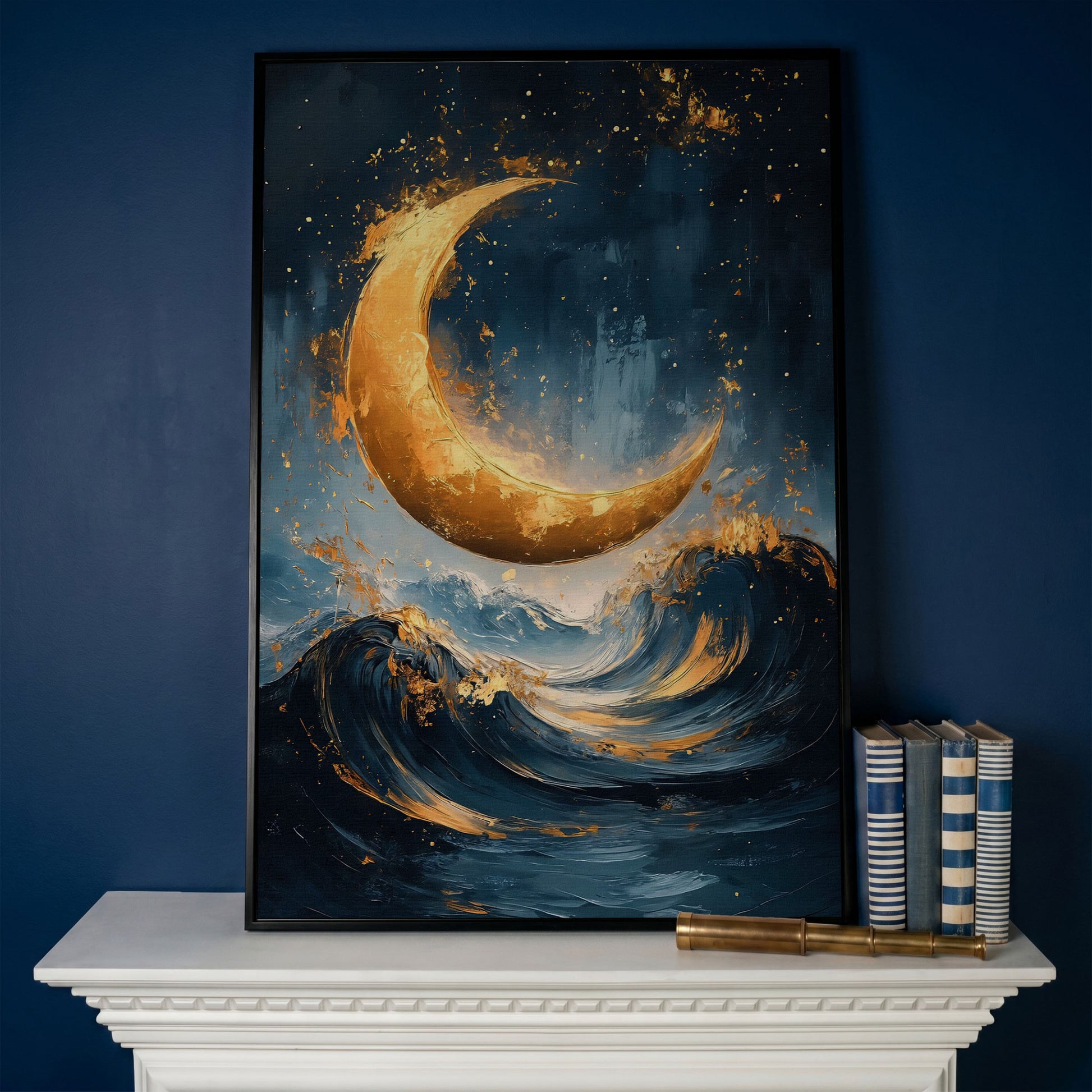 Golden Crescent Moon Over Ocean Waves Canvas in black floating frame
