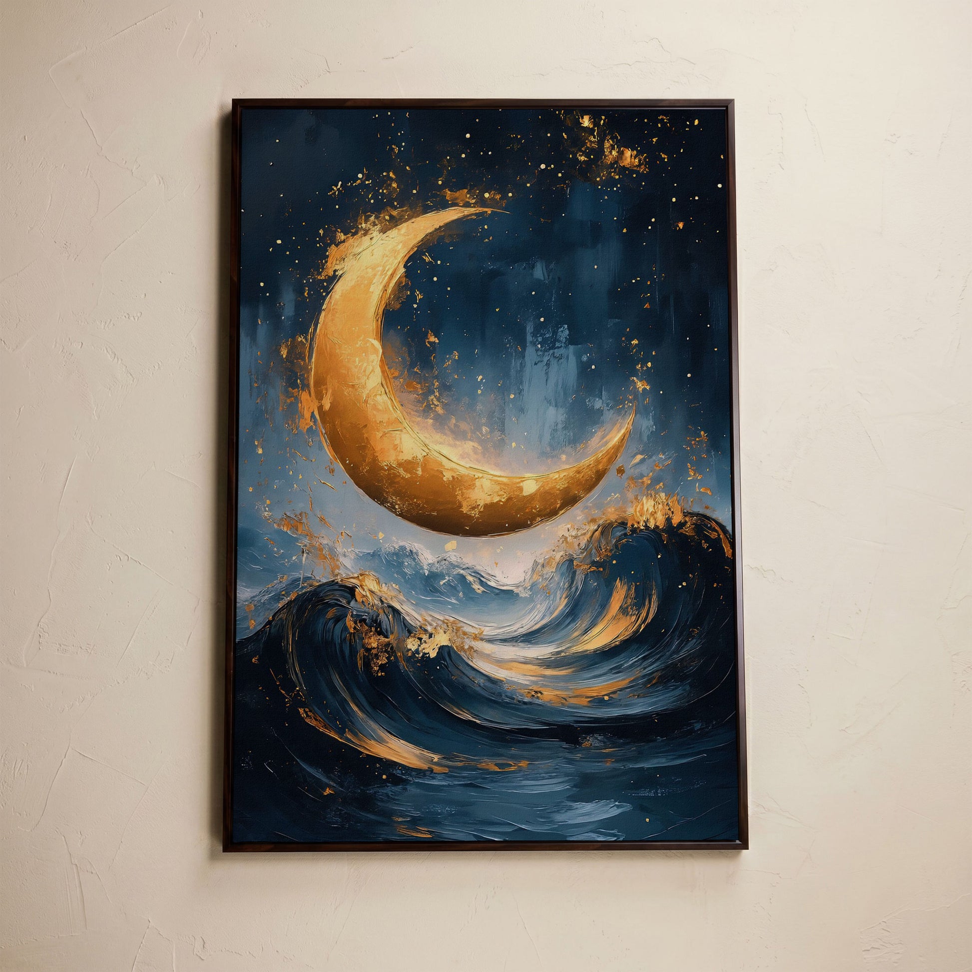 Golden Crescent Moon Over Ocean Waves Canvas in dark walnut floating frame