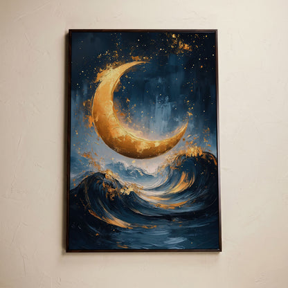 Golden Crescent Moon Over Ocean Waves Canvas in dark walnut floating frame