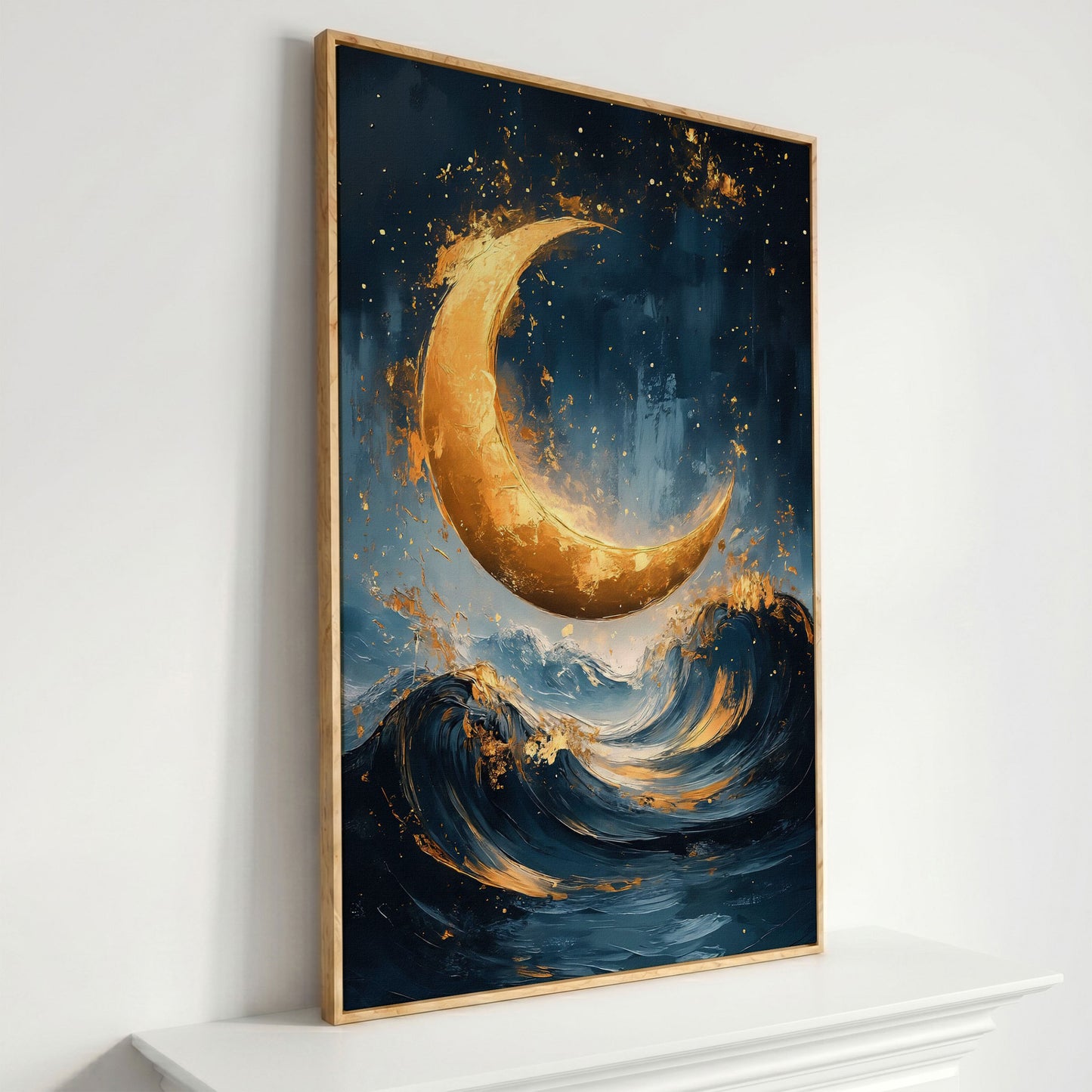 Golden Crescent Moon Over Ocean Waves Canvas in white oak floating frame