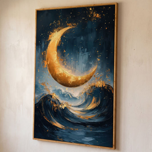 Golden Crescent Moon Over Ocean Waves Canvas shown in white oak floating frame