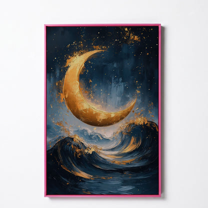 Golden Crescent Moon Over Ocean Waves Canvas in pink floating frame
