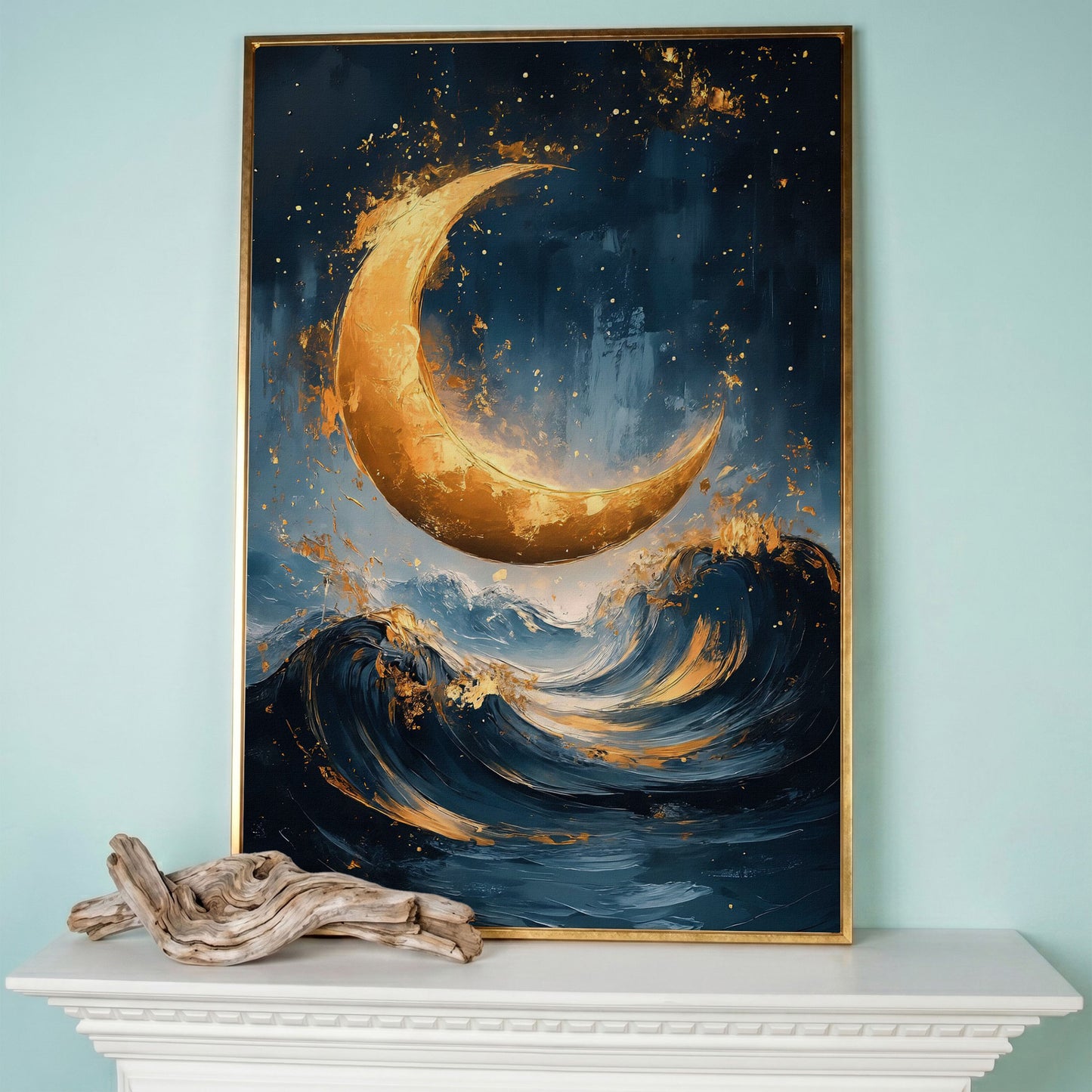 Golden Crescent Moon Over Ocean Waves Canvas in rose gold floating frame
