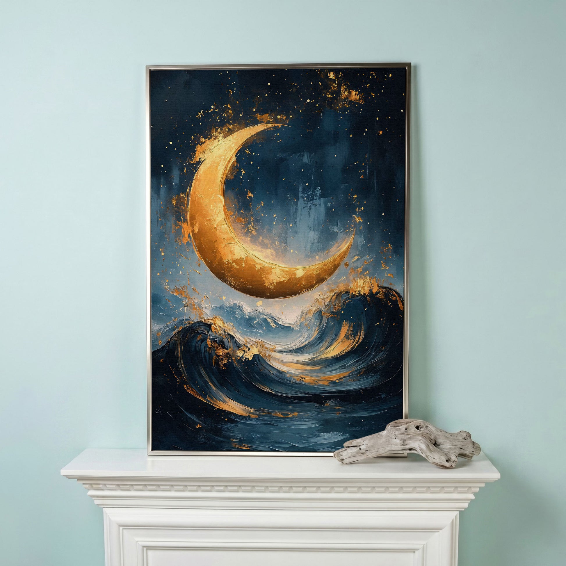 Golden Crescent Moon Over Ocean Waves Canvas in silver floating frame