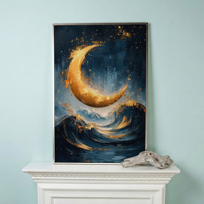 Golden Crescent Moon Over Ocean Waves Canvas in silver floating frame