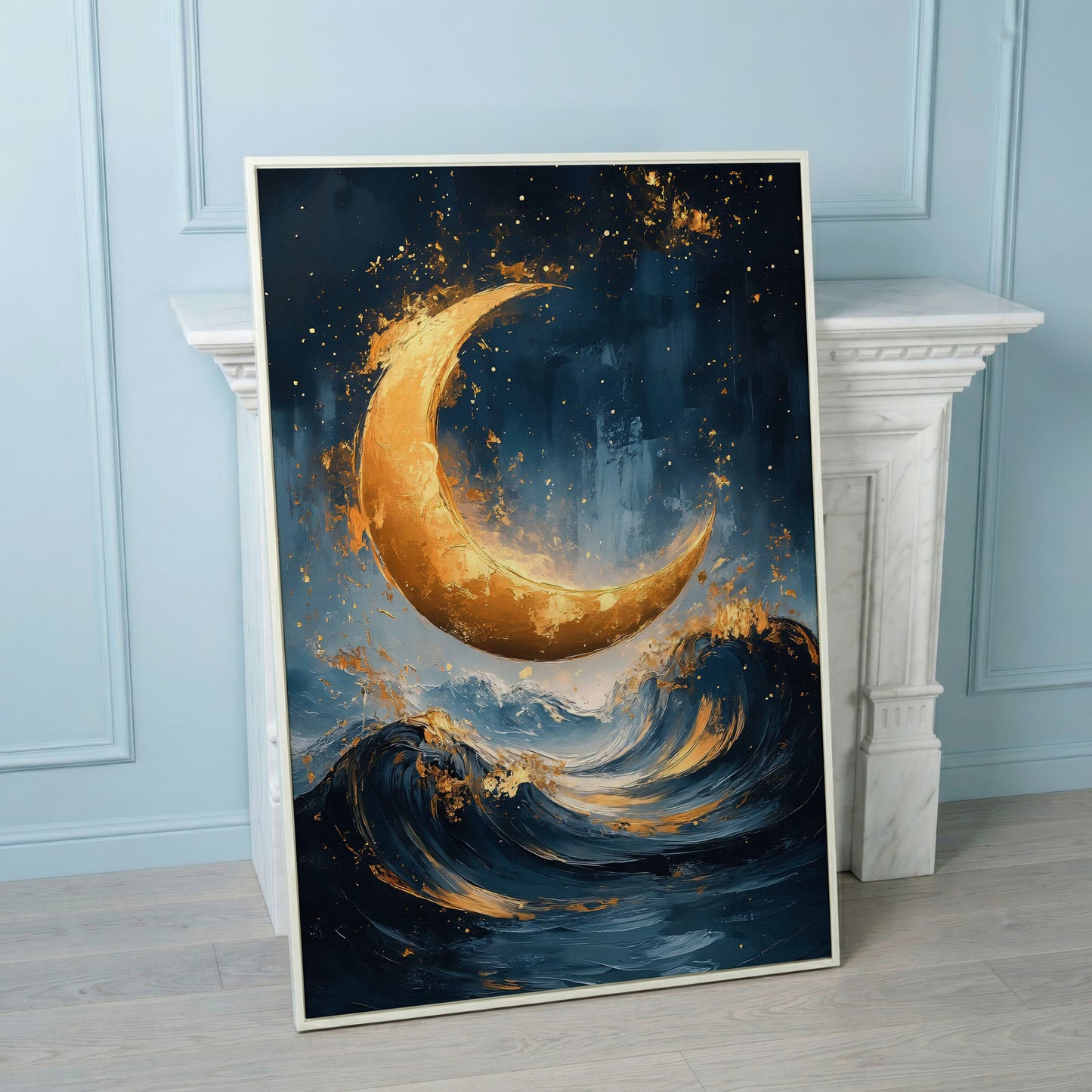 Golden Crescent Moon Over Ocean Waves Canvas in white floating frame