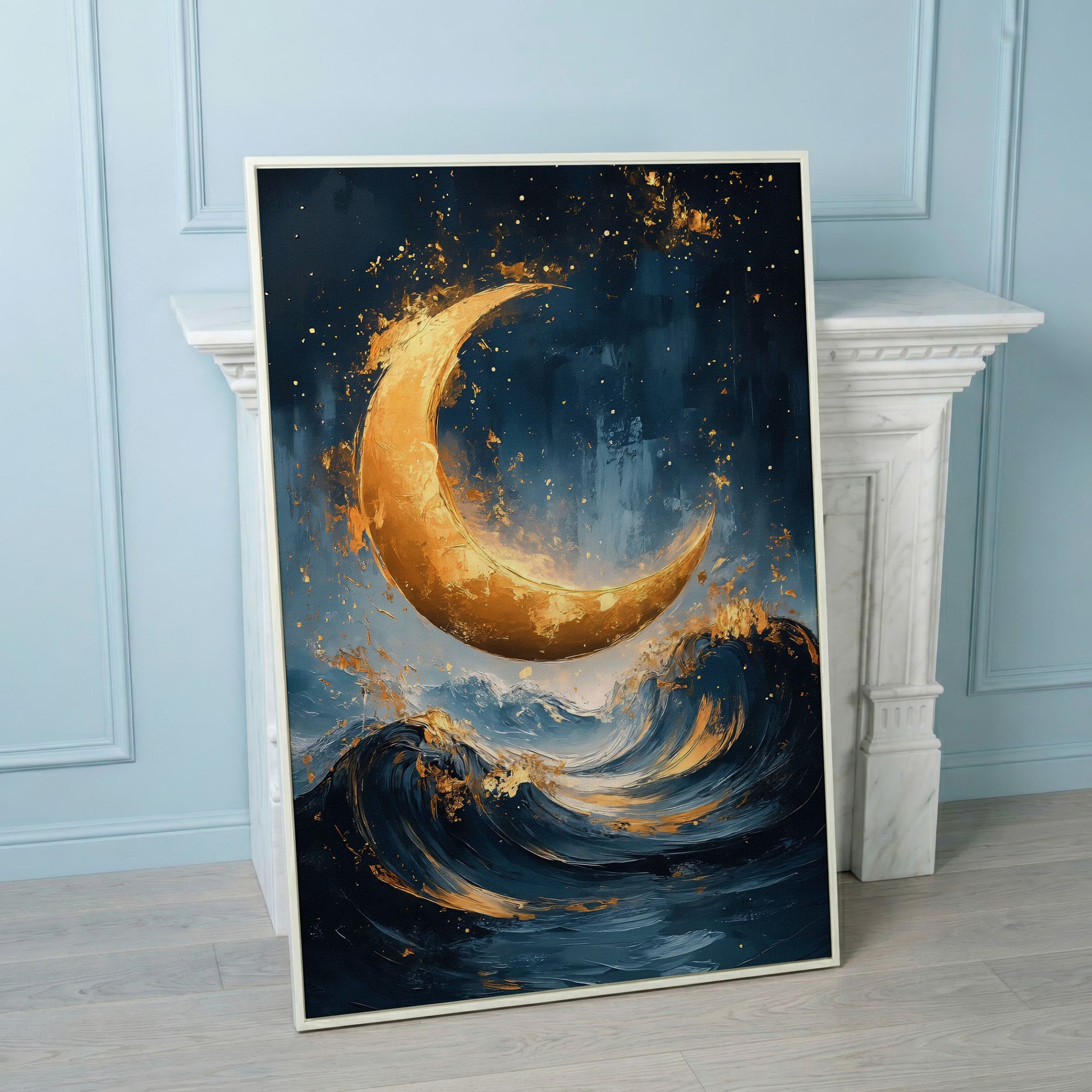 Golden Crescent Moon Over Ocean Waves Canvas in white floating frame
