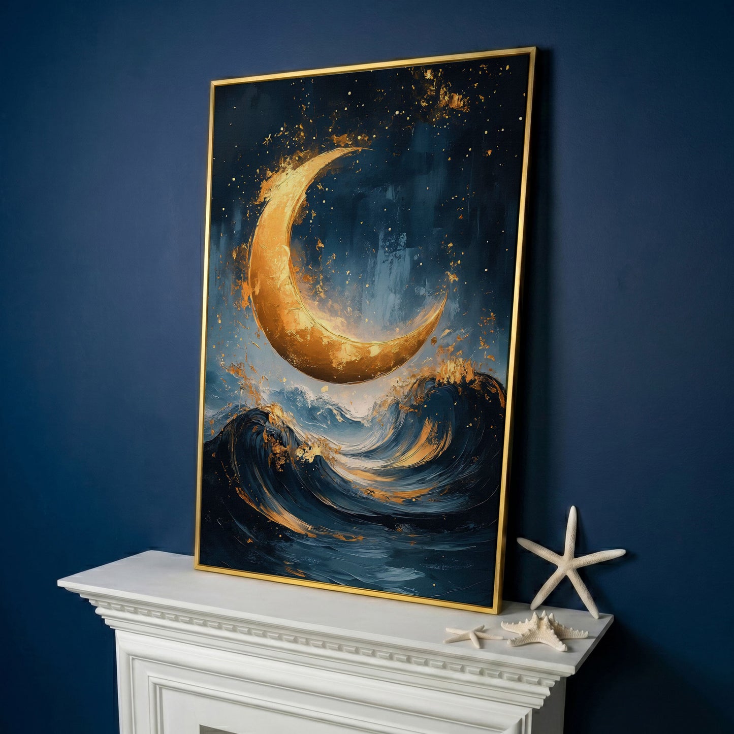 Golden Crescent Moon Over Ocean Waves Canvas in yellow gold floating frame