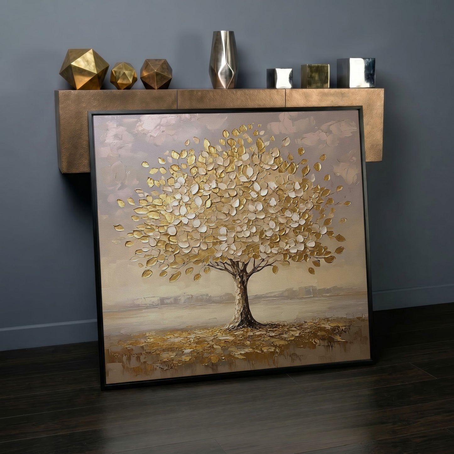 Golden Tree Canvas Print in black floating frame