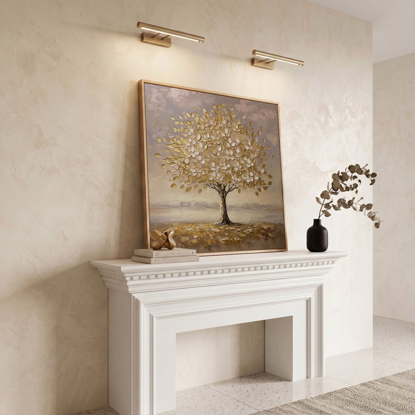 Golden Tree Canvas Print in white oak floating frame