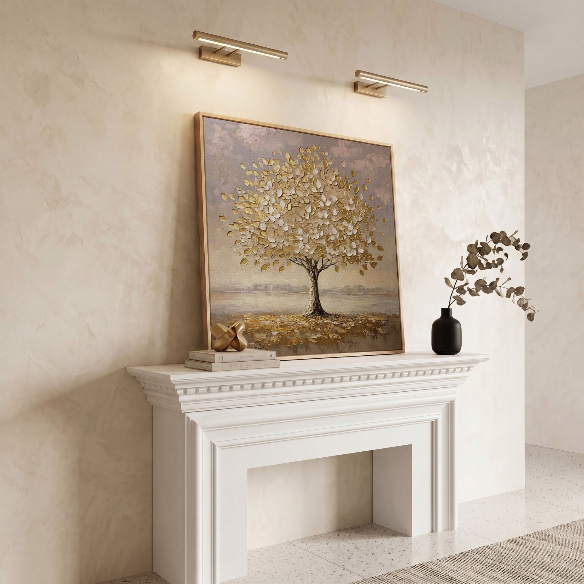 Golden Tree Canvas Print in white oak floating frame