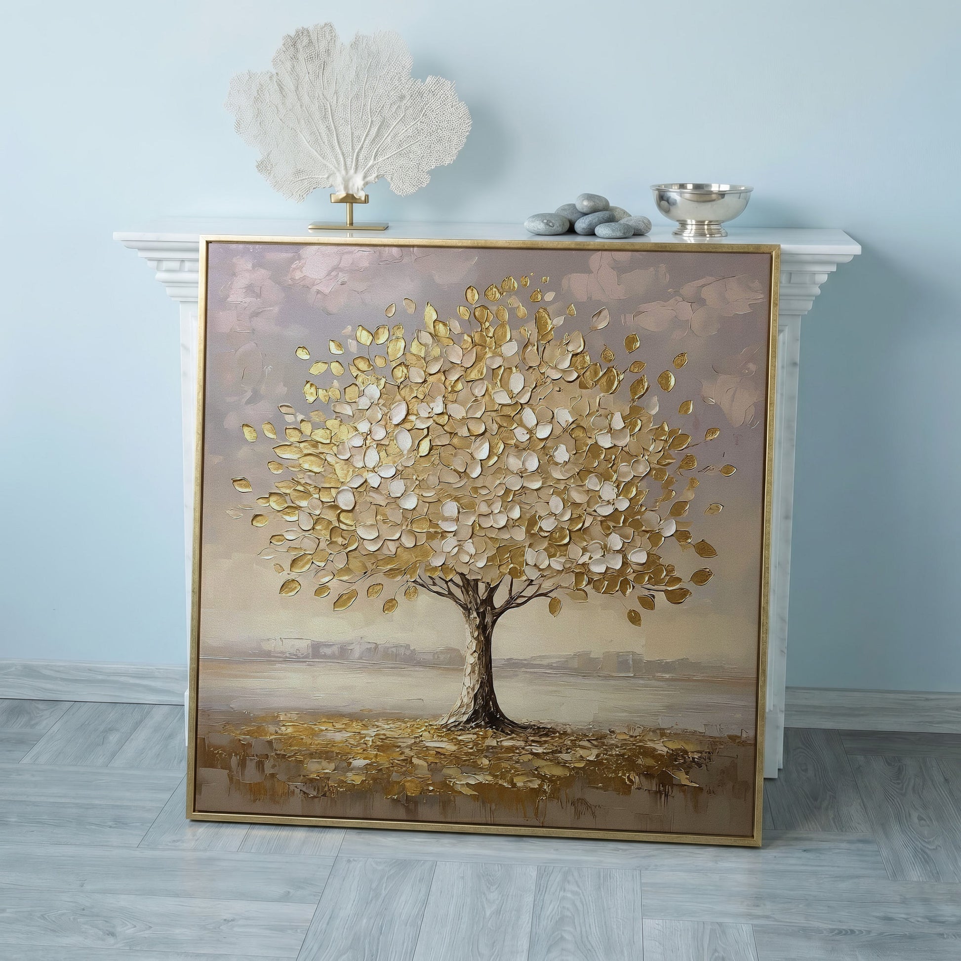 Golden Tree Canvas Print in rose gold floating frame