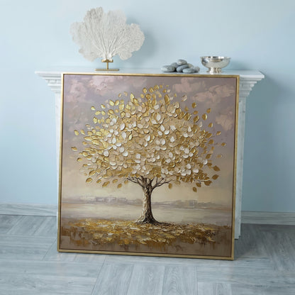 Golden Tree Canvas Print in rose gold floating frame