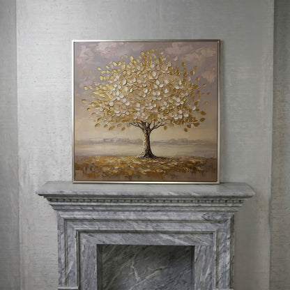 Golden Tree Canvas Print in silver floating frame