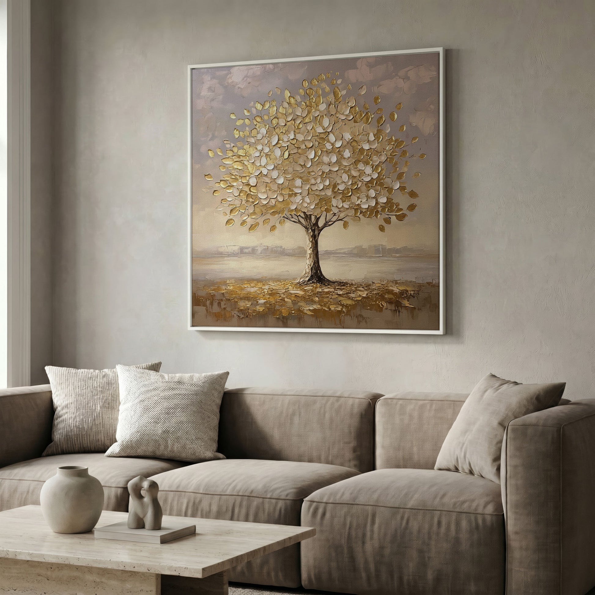 Golden Tree Canvas Print in white floating frame