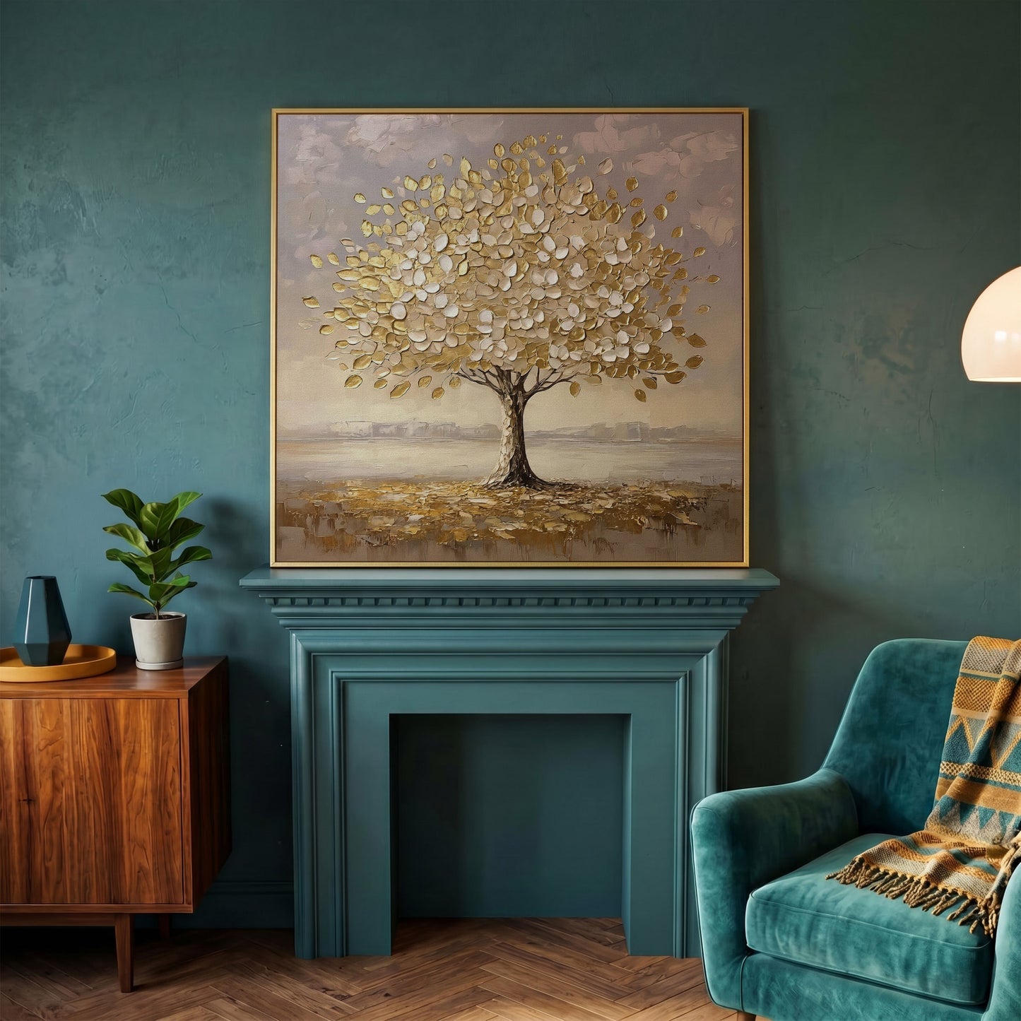 Golden Tree Canvas Print in yellow gold floating frame
