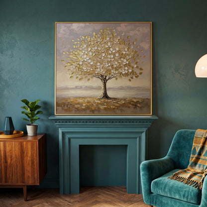 Golden Tree Canvas Print in yellow gold floating frame