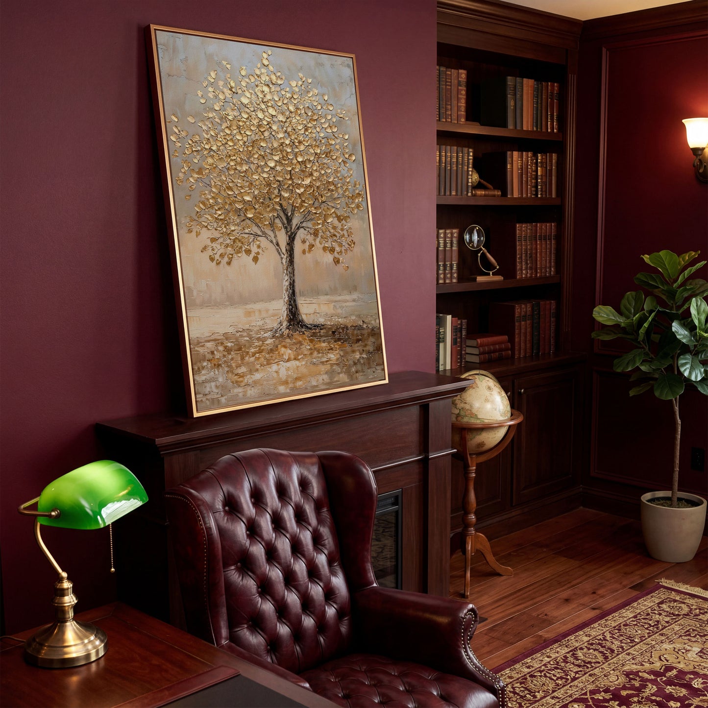 Tree with Golden Leaves Canvas Print in antique gold floating frame