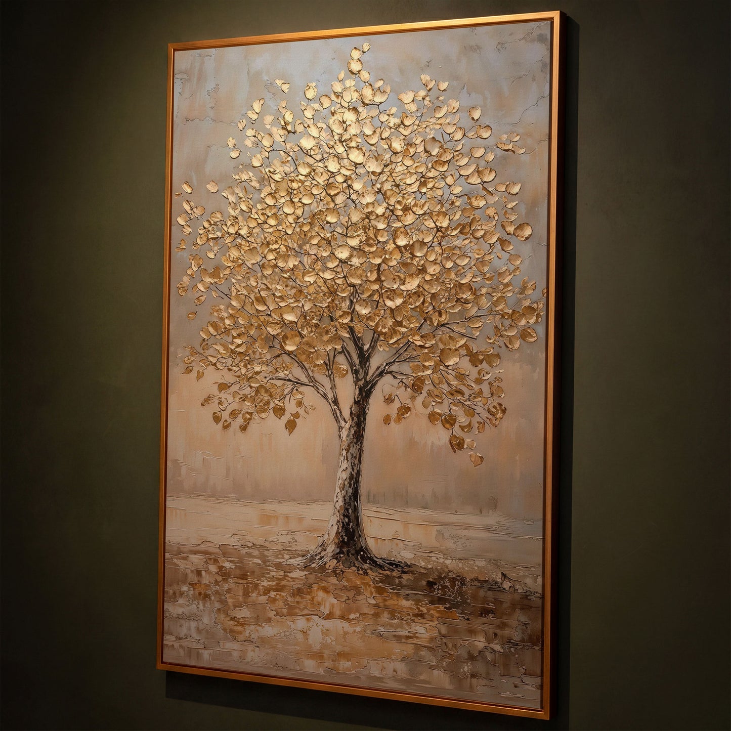 Tree with Golden Leaves Canvas Print shown in antique gold floating frame