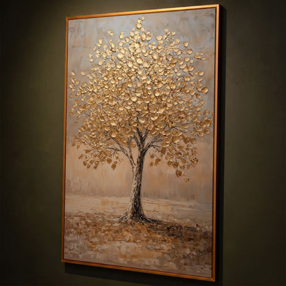 Tree with Golden Leaves Canvas Print shown in antique gold floating frame