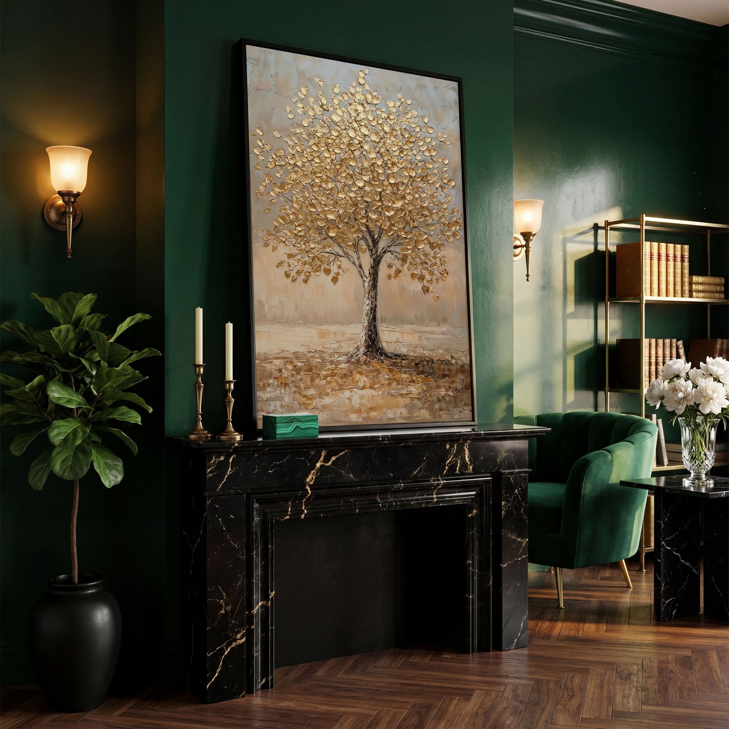 Tree with Golden Leaves Canvas Print in black floating frame