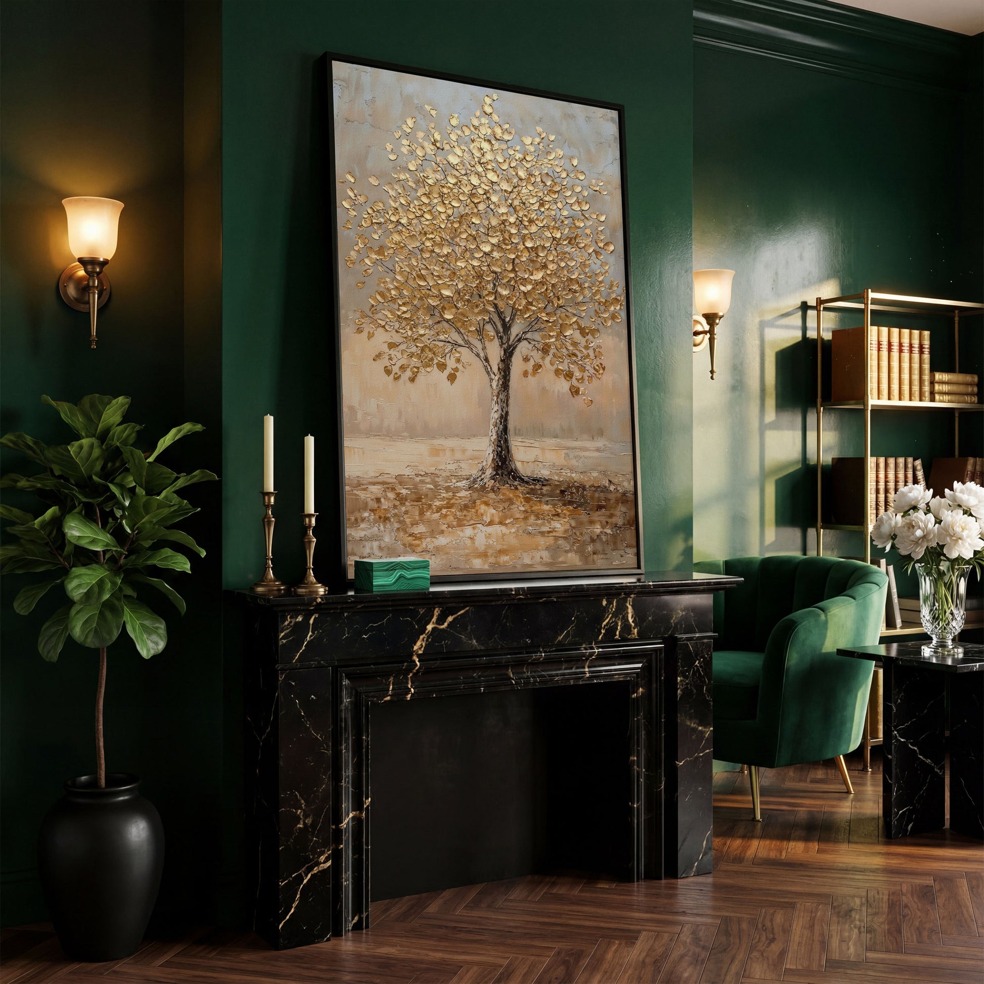 Tree with Golden Leaves Canvas Print in black floating frame