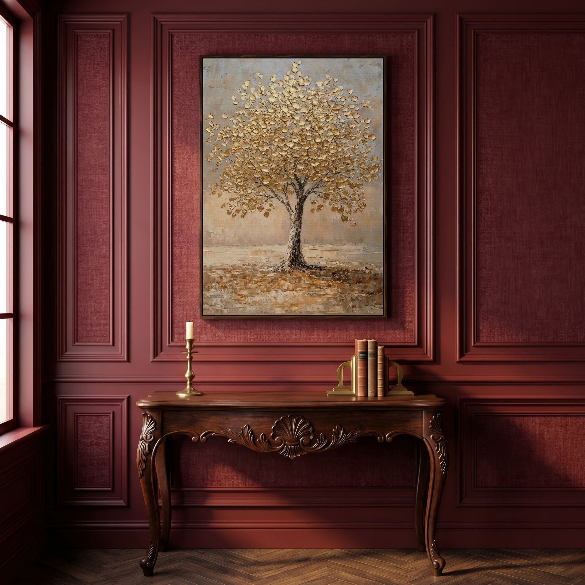 Tree with Golden Leaves Canvas Print in dark walnut floating frame