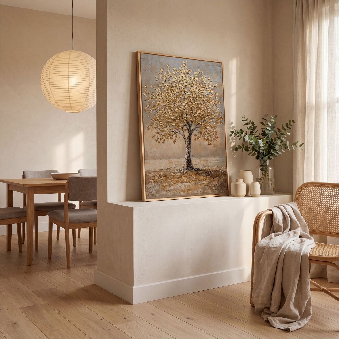 Tree with Golden Leaves Canvas Print in white oak floating frame
