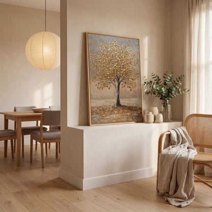 Tree with Golden Leaves Canvas Print in white oak floating frame