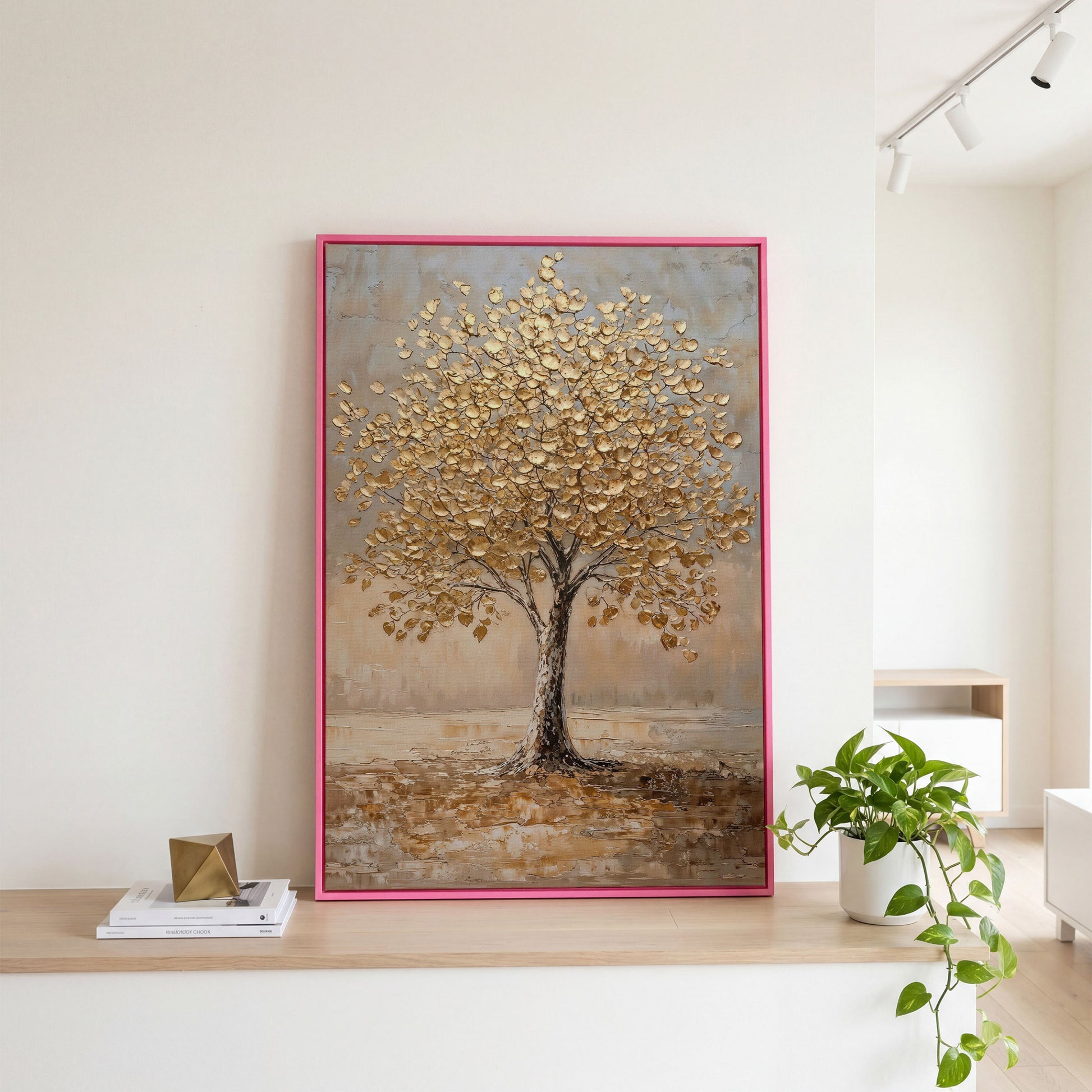 Tree with Golden Leaves Canvas Print in pink floating frame