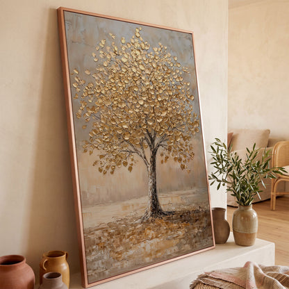 Tree with Golden Leaves Canvas Print in rose gold floating frame
