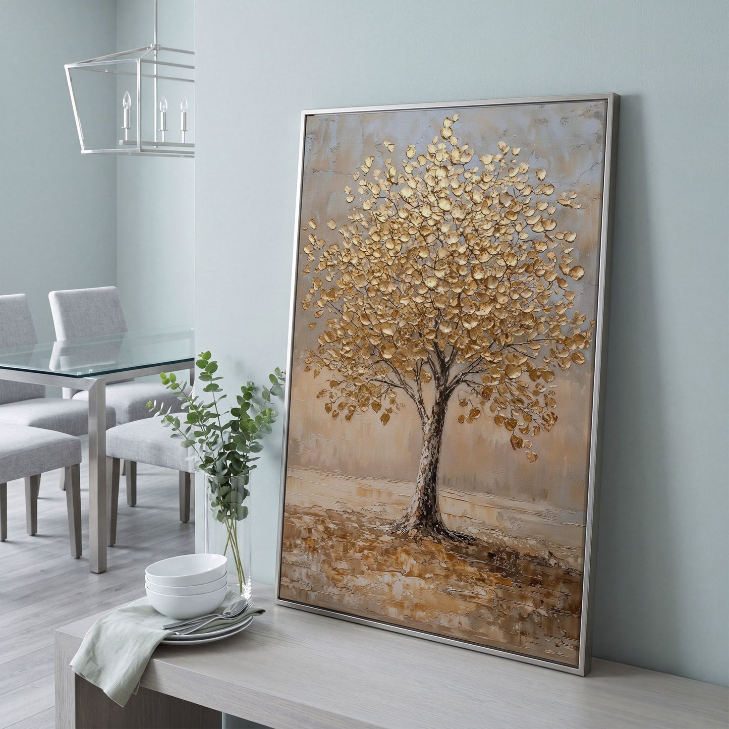 Tree with Golden Leaves Canvas Print in silver floating frame
