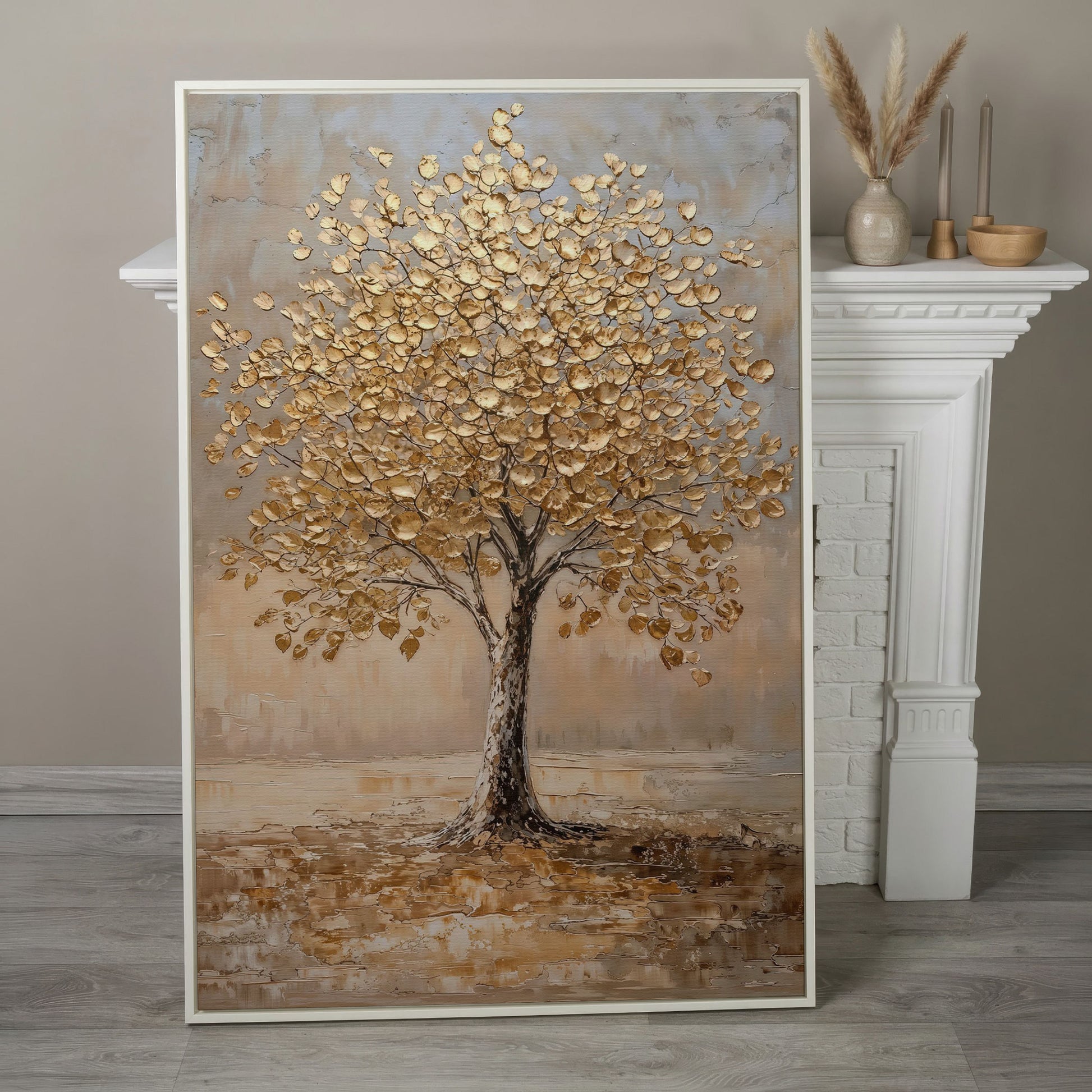 Tree with Golden Leaves Canvas Print in white floating frame