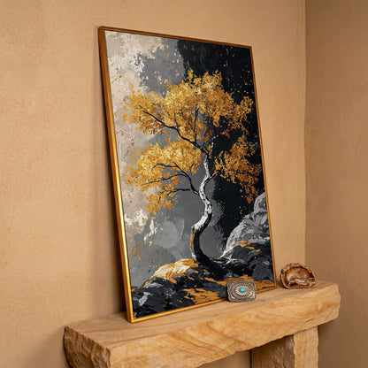 Golden Leaves Tree Canvas Print in antique gold floating frame