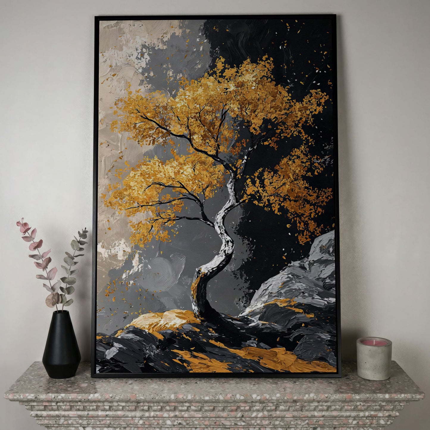 Golden Leaves Tree Canvas Print in black floating frame