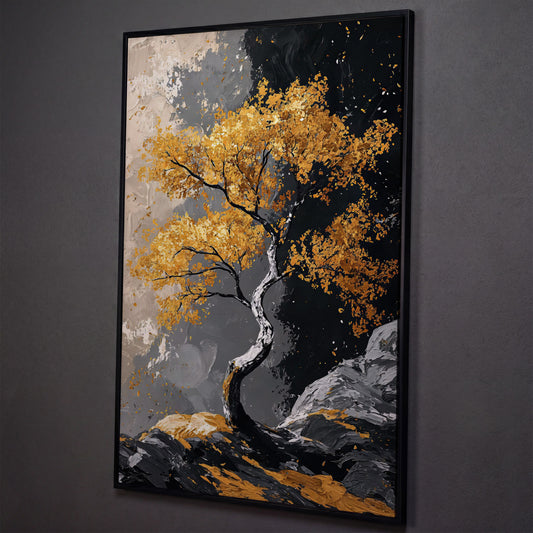 Golden Leaves Tree Canvas Print shown in black floating frame