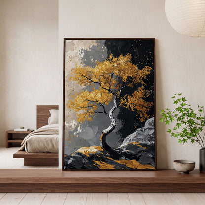 Golden Leaves Tree Canvas Print in dark walnut floating frame