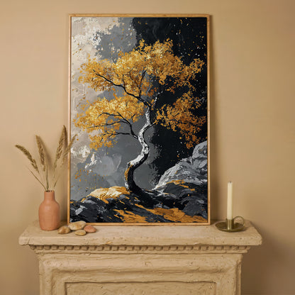 Golden Leaves Tree Canvas Print in white oak floating frame