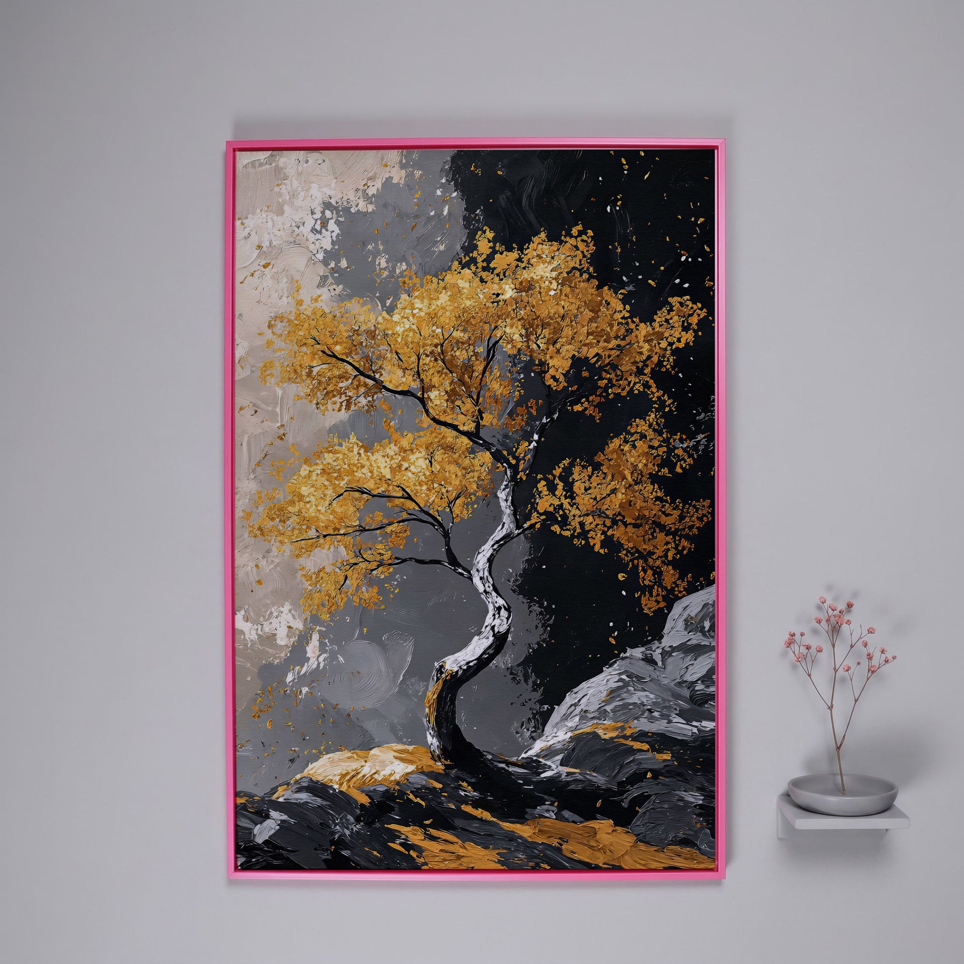 Golden Leaves Tree Canvas Print in pink floating frame