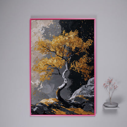 Golden Leaves Tree Canvas Print in pink floating frame