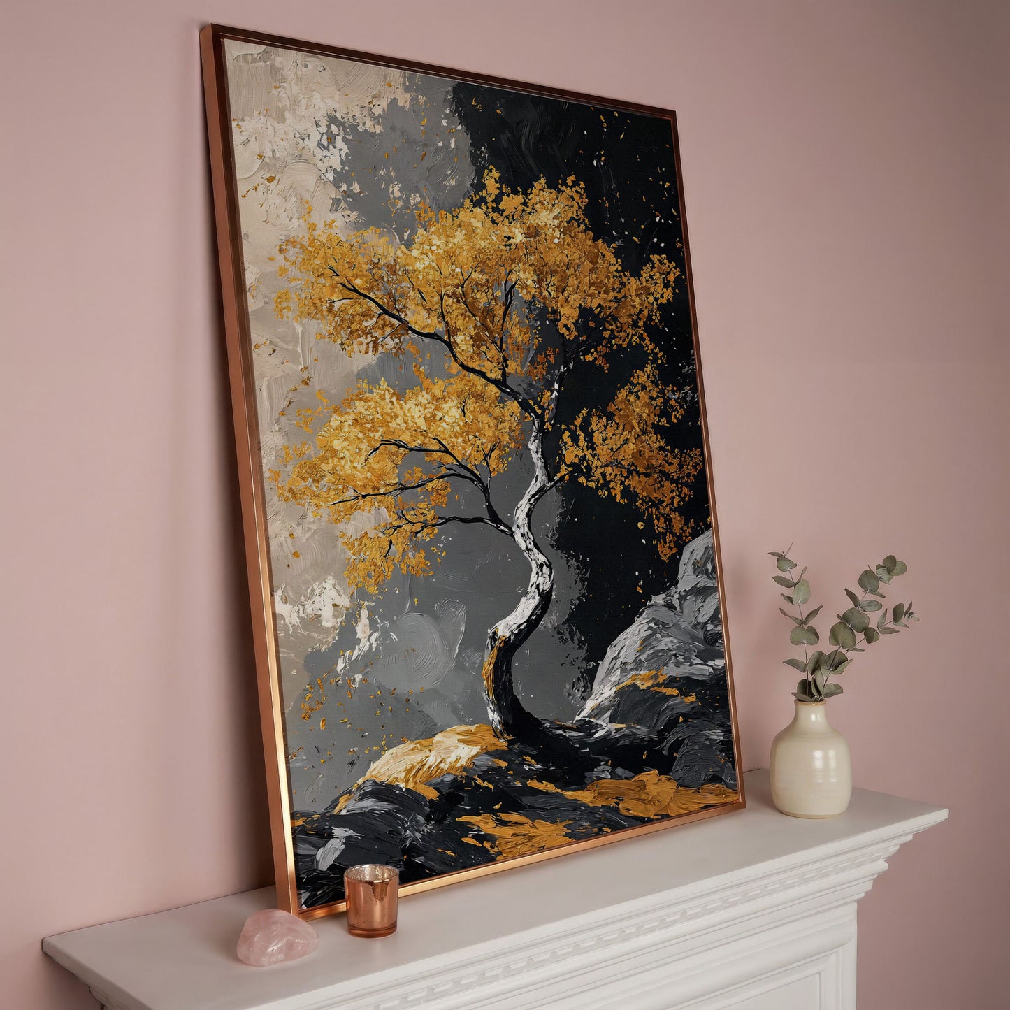 Golden Leaves Tree Canvas Print in rose gold floating frame