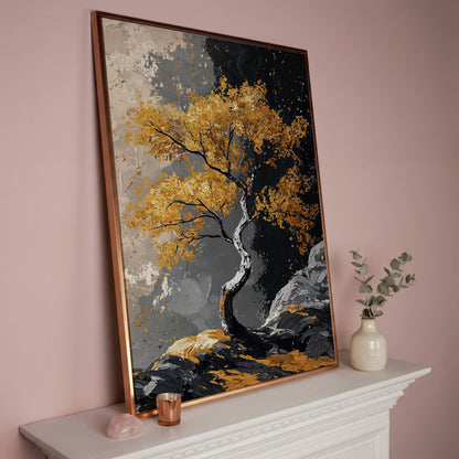 Golden Leaves Tree Canvas Print in rose gold floating frame
