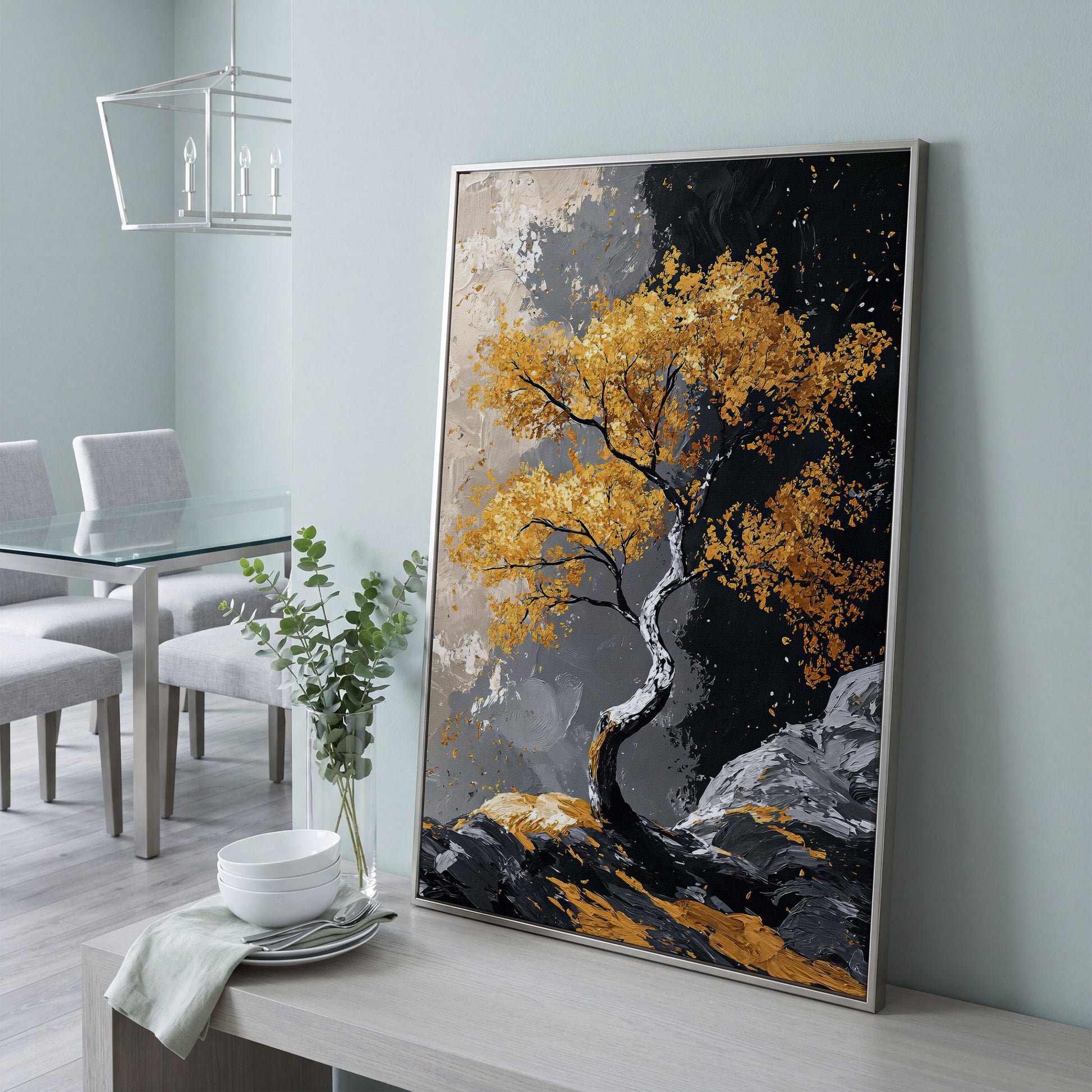 Golden Leaves Tree Canvas Print in silver floating frame