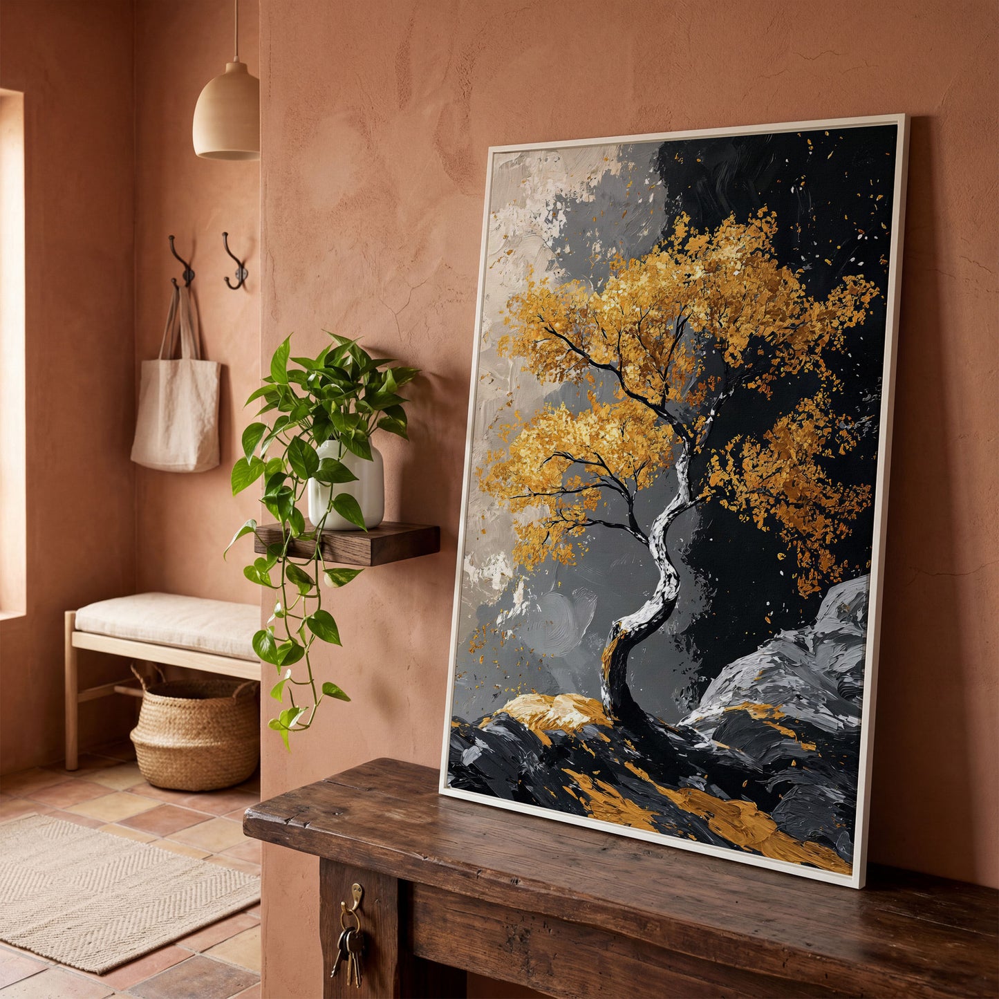 Golden Leaves Tree Canvas Print in white floating frame