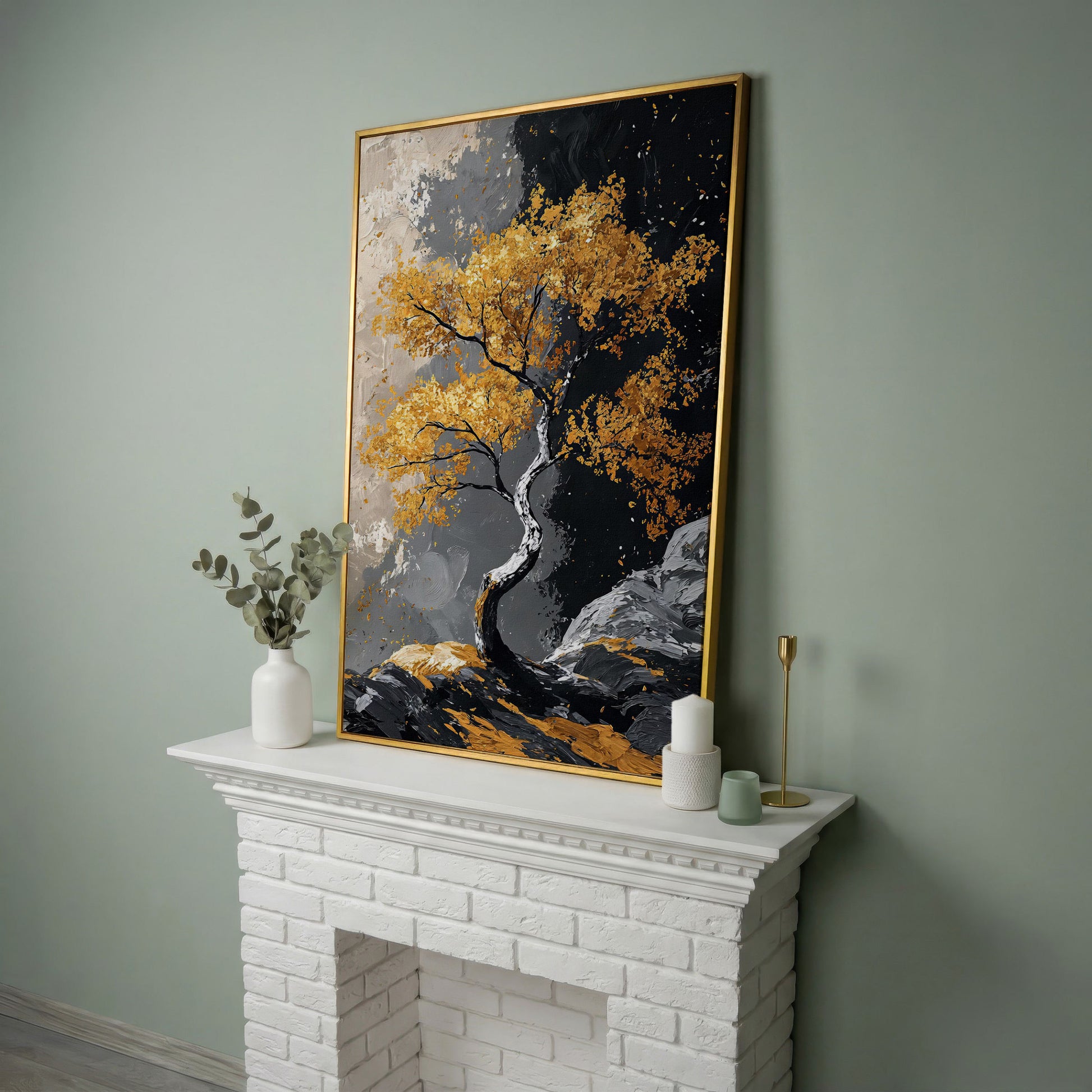 Golden Leaves Tree Canvas Print in yellow gold floating frame