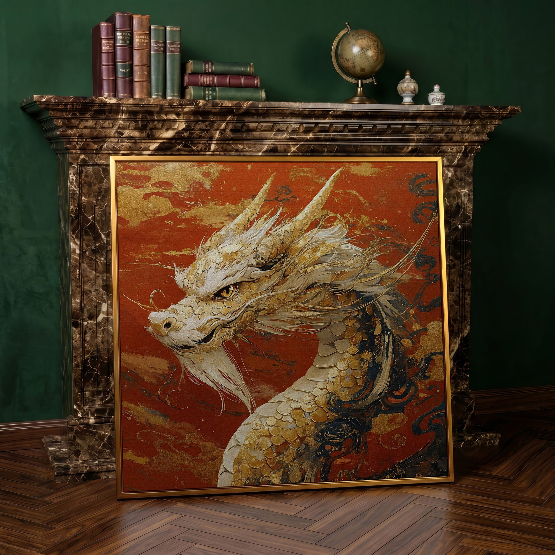 Golden Dragon Abstract Canvas Print in antique gold floating frame