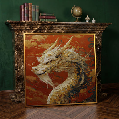 Golden Dragon Abstract Canvas Print in antique gold floating frame