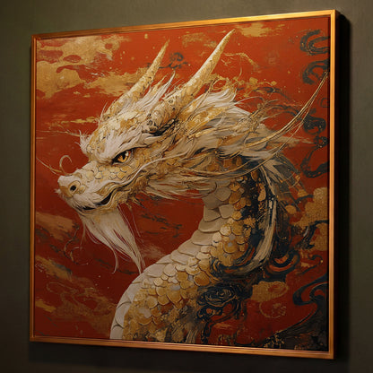 Golden Dragon Abstract Canvas Print shown in antique gold floating frame